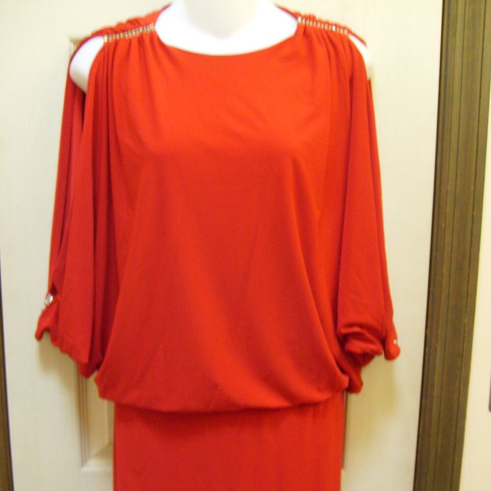 Cache Red Short Dress with Rhinestones at Shoulders & Sleeves-Size XS